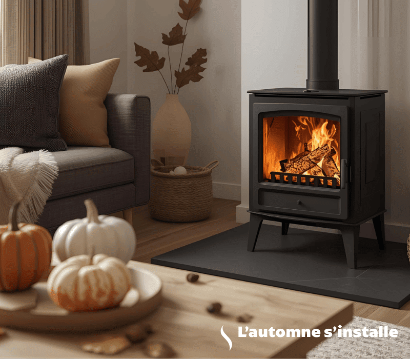 Poêle à bois Brisach réchauffant un salon cosy en automne